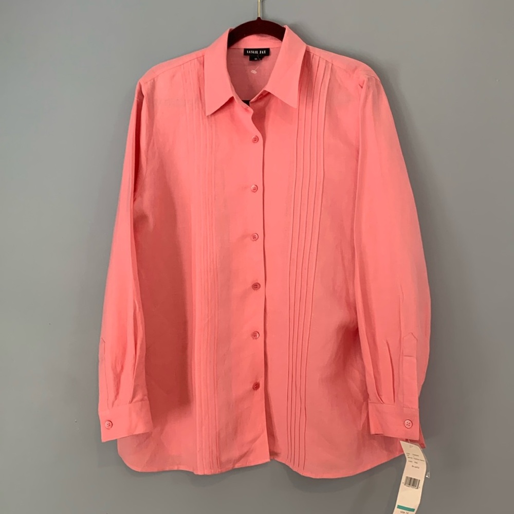 Lesley Fay  Linen Rayon Blouse Pink Size 16 
Spring Easter Pleats Long S…